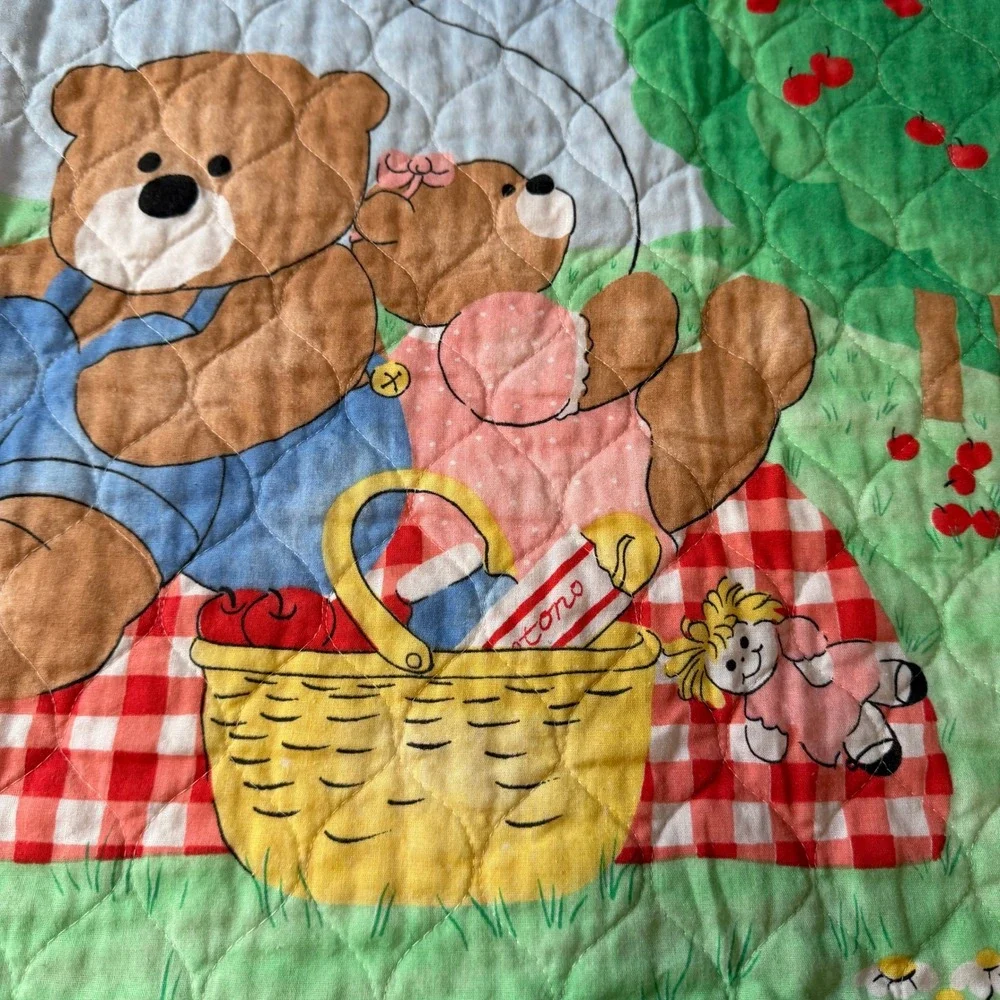 Vintage Teddy Bear Picnic Quilted Baby Blanket Red Gingham Cottagecore Retro